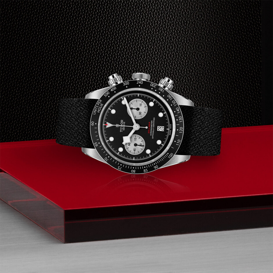 TUDOR Black Bay Chrono watch, 41 mm steel case, black fabric strap
