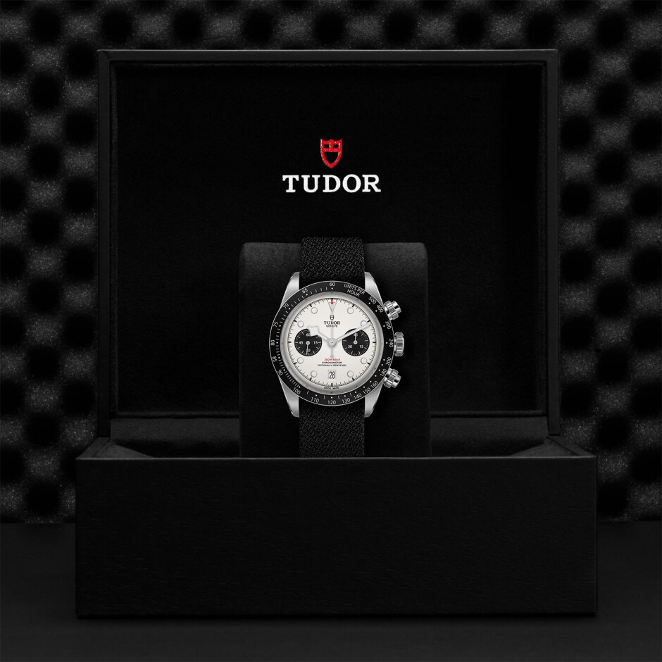 TUDOR Black Bay Chrono watch, 41 mm steel case, black fabric strap