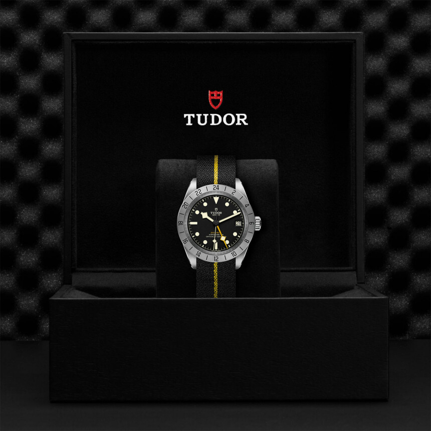 TUDOR Black Bay Pro watch,39 mm steel case, black fabric strap with yellow band
