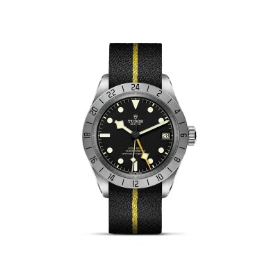 TUDOR Black Bay Pro watch,39 mm steel case, black fabric strap with yellow band