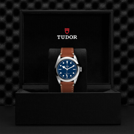 TUDOR Black Bay 41 watch, 41 mm steel case, brown leather strap