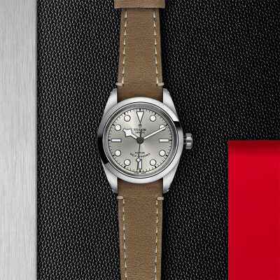 TUDOR Black Bay 32 watch, 32 mm steel case, beige leather strap