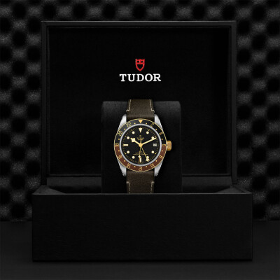 TUDOR Black Bay GMT S&G watch,41 mm steel case, brown leather strap