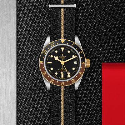 TUDOR Black Bay GMT S&G watch,41 mm steel case, black fabric strap with beige band