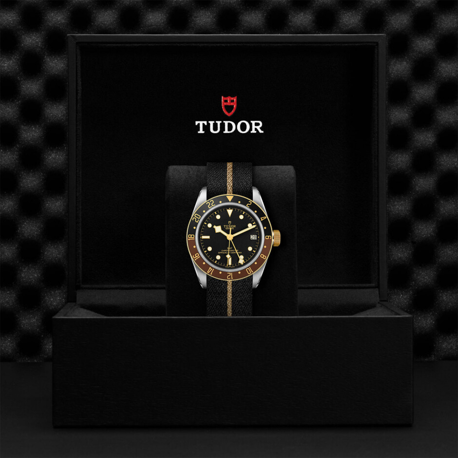 TUDOR Black Bay GMT S&G watch,41 mm steel case, black fabric strap with beige band