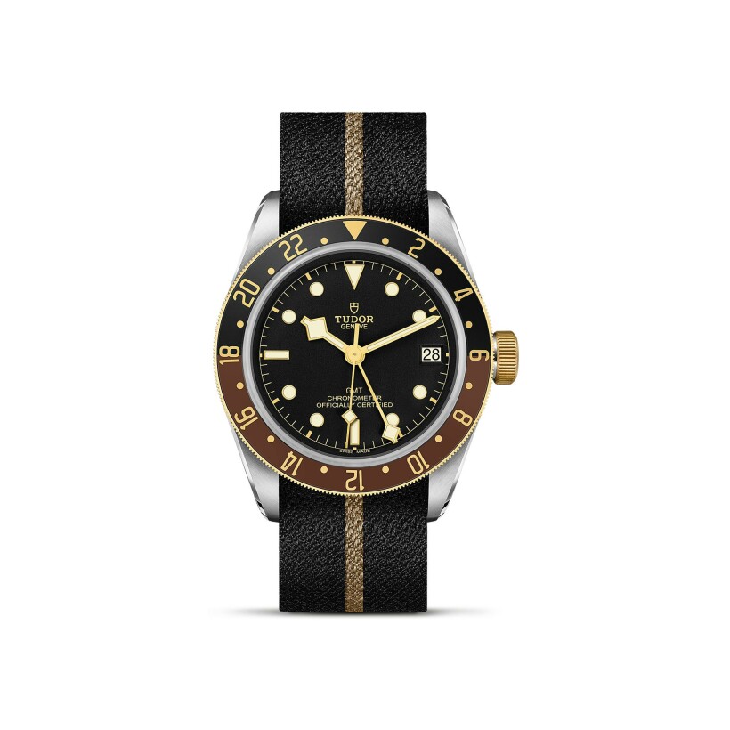 TUDOR Black Bay GMT S&G watch,41 mm steel case, black fabric strap with beige band