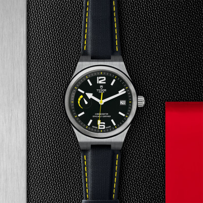 TUDOR North Flag watch, 40 mm steel case, black leather strap