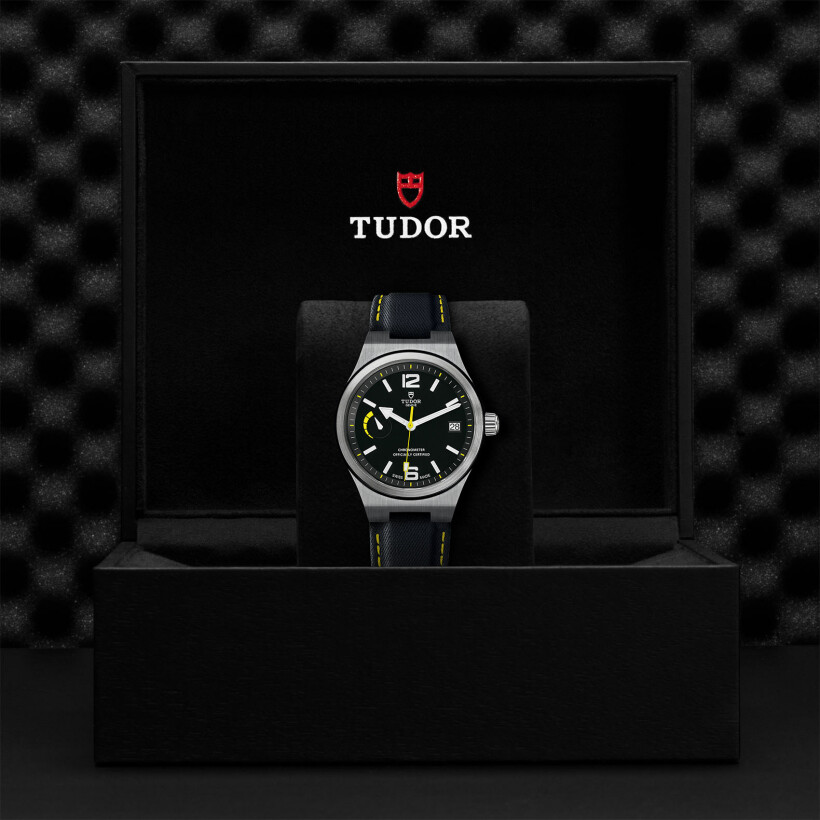 TUDOR North Flag watch, 40 mm steel case, black leather strap