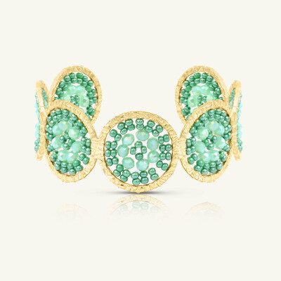 Manchette Sàntibé Bijoux Marina en laiton, métal doré et perles vert d'eau