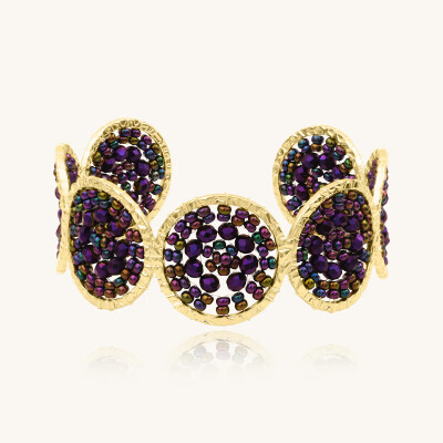 Manchette Sàntibé Bijoux Marina en laiton, métal doré et perles violet nuit