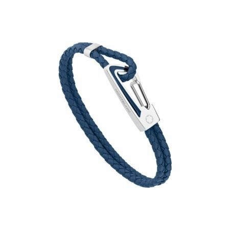 Bracelet Montblanc en cuir bleu tressé avec fermoir mousqueton en acier et incrustation de laque bleue