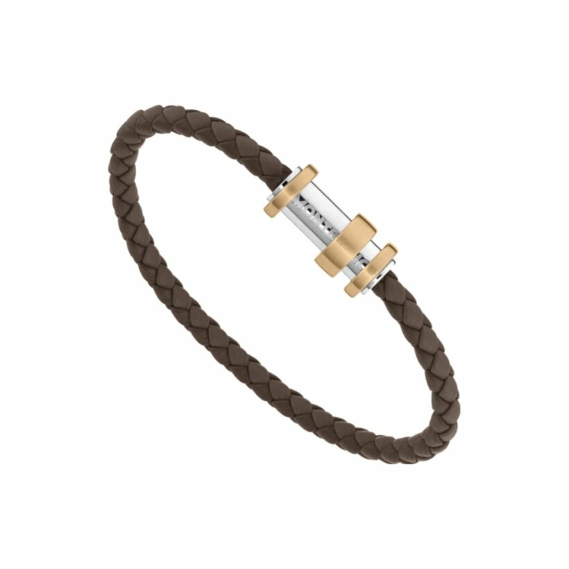 Bracelet Montblanc en cuir marron tressé avec fermoir en acier et trois anneaux en bronze