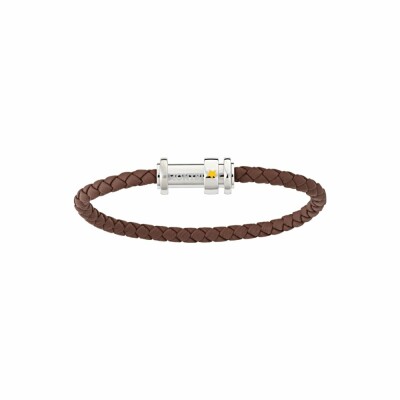 Montblanc bracelet in brown plaited leather with steel clasp and three rings