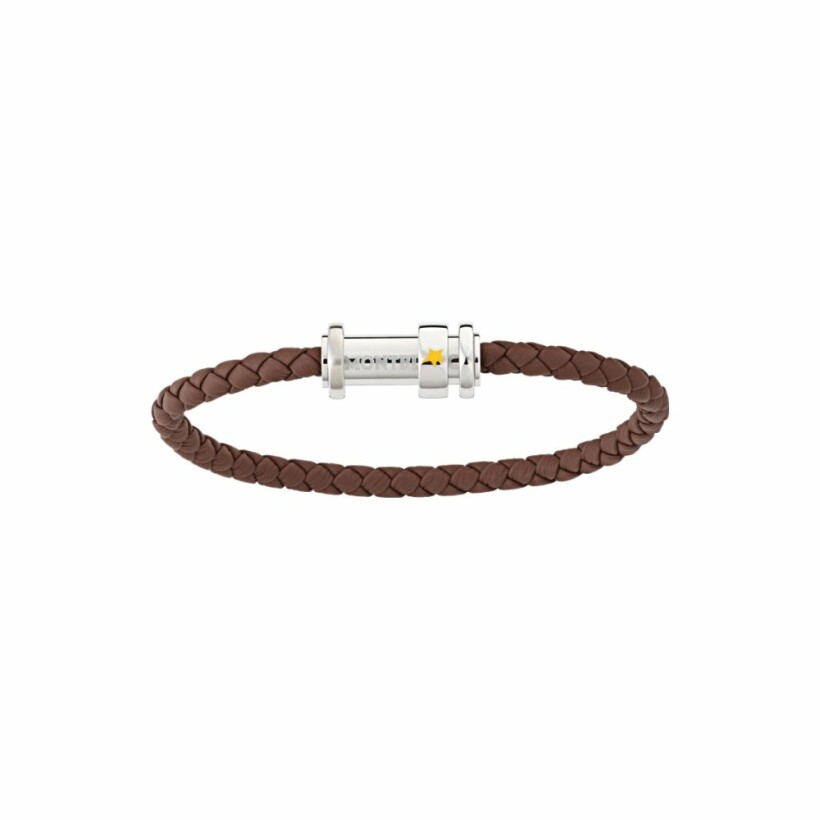 Bracelet Montblanc en cuir tressé marron avec fermoir en acier et trois anneaux