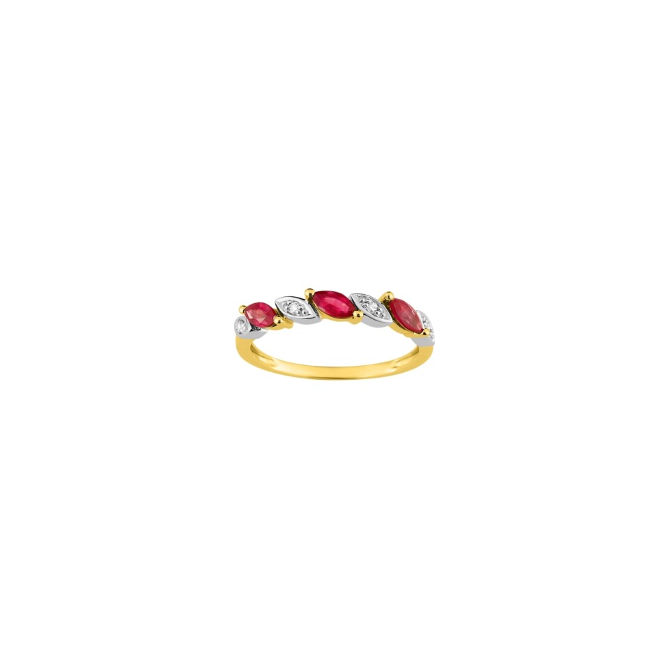 Bague en or jaune, or blanc, rubis et diamants