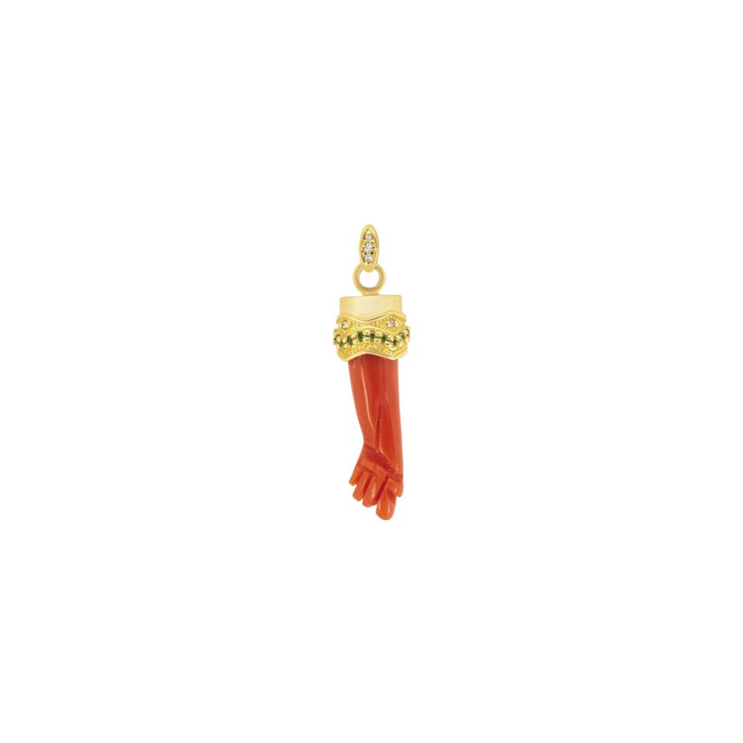 Maria Battaglia Acqua Emeraudes pendant, yellow gold, coral, diamonds and emerald