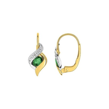 Boucles d'oreilles dormeuses en or jaune rhodié, émeraudes et diamants