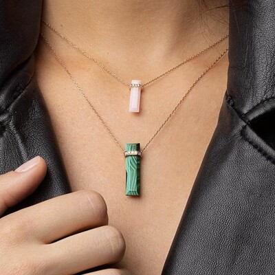 Collier sautoir Heavenly Meteor en or rose, diamants et malachite