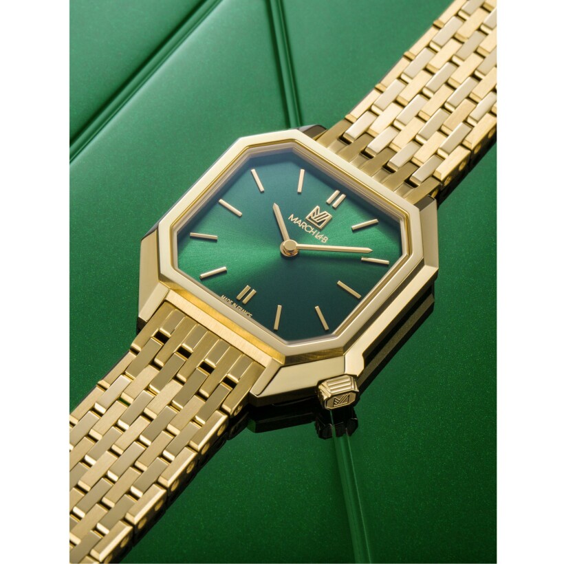March LA.B Milady Mansart Electric 28 mm watch - Emerald - Brushed Polished Steel 9 Gold Links