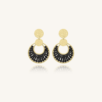Boucles d'oreilles Sàntibé Bijoux Mini Luna en laiton, métal doré et perles noir