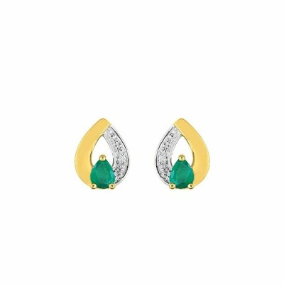 Boucles d'oreilles en or jaune, or blanc, émeraudes et diamants de 0.01ct