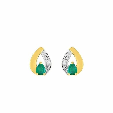 Boucles d'oreilles en or jaune, or blanc, émeraudes et diamants de 0.01ct