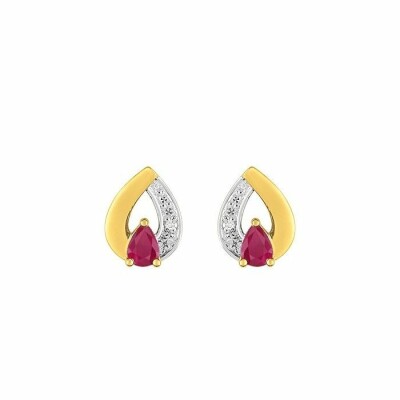 Boucles d'oreilles en or jaune, or blanc, rubis et diamants de 0.01ct