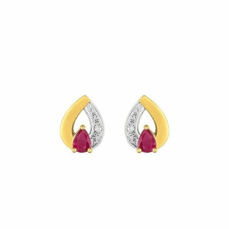 Boucles d'oreilles en or jaune, or blanc, rubis et diamants de 0.01ct