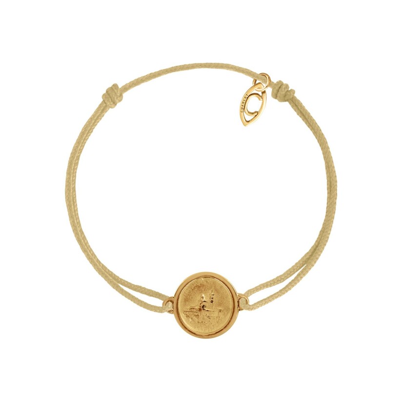 Bracelet sur cordon beige Charlet Massilia Notre-Dame de la Garde en or jaune, 17.5cm