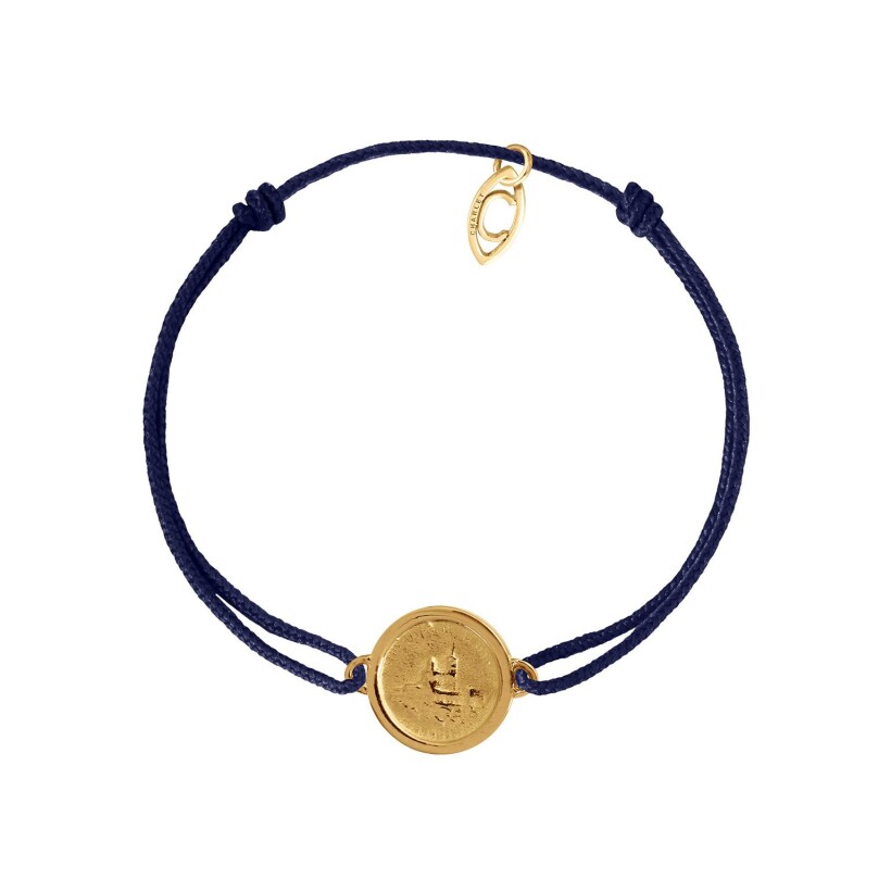 Bracelet sur cordon bleu marine Charlet Massilia Notre-Dame de la Garde en or jaune, 17.5cm