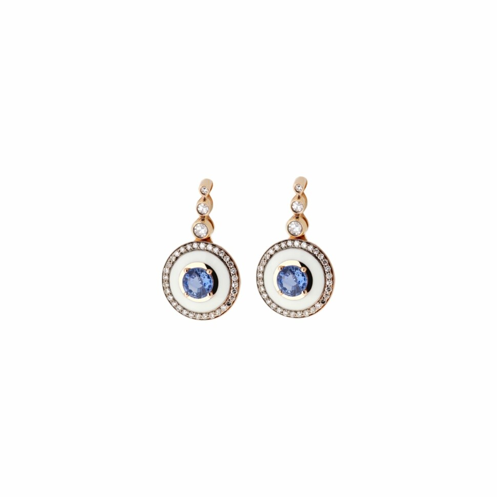 Boucles d'oreilles Selim Mouzannar Mina en or rose, émail ivoire, diamants et saphirs bleus
