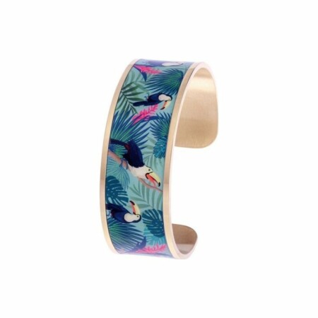 Bracelet manchette ouverte Louise's Garden Toucan en métal doré rose