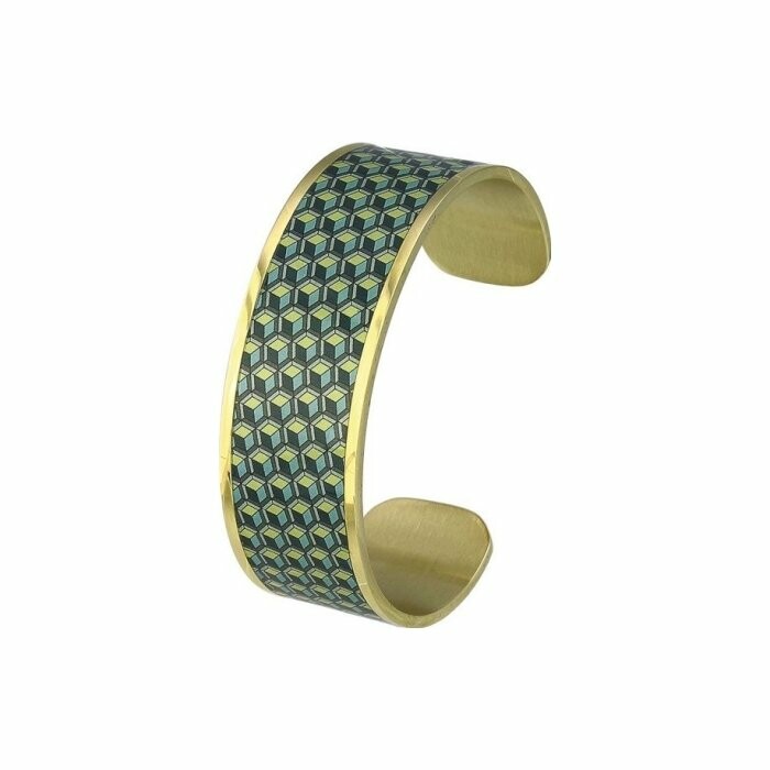 Bracelet manchette ouverte Louise's Garden Green cubes en métal doré, 22mm