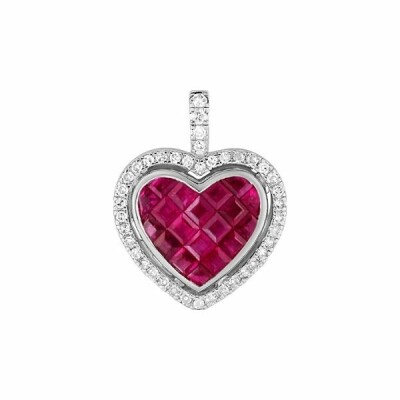 Pendentif coeur en or blanc, rubis et diamants de 0.22ct