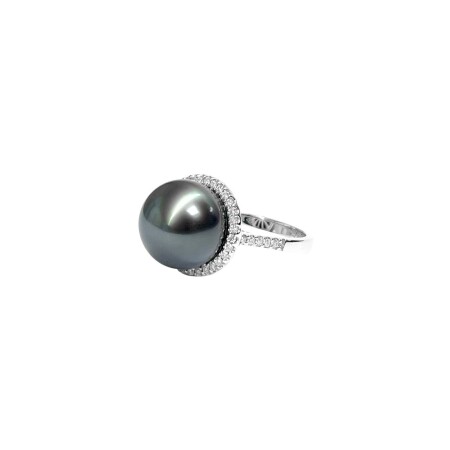 Bague Isabelle Barrier en or blanc et perle noire et diamants de 0.22ct, taille 52