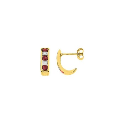 Boucles d'oreilles créoles en or jaune rhodié, diamants et rubis