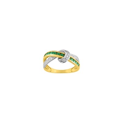 Bague en or jaune, rhodium, émeraudes et diamants