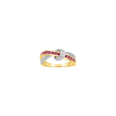 Bague en or jaune, diamant 0.03ct et rubis