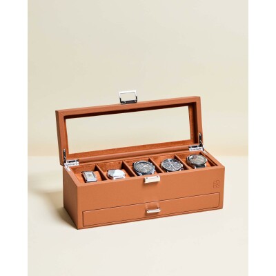 Boîte à montres Maison Scarlett Paul 5 emplacements en simili cuir - Caramel