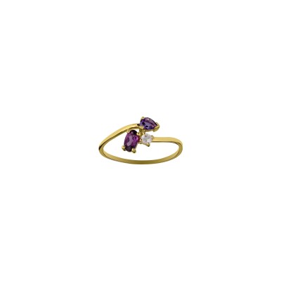 Bague en or jaune, améthyste, rhodolite et quartz