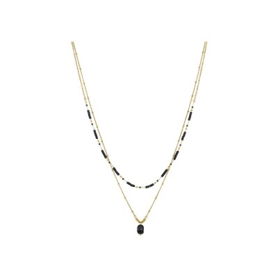 Collier N°3 Bijoux en acier doré, agate noire, pierres Miyuki noires, dorées et blanches