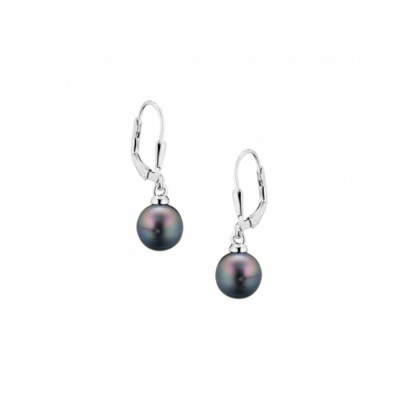 Boucles d'oreilles dormeuses Iza B Epure en argent rhodié et perles de Tahiti