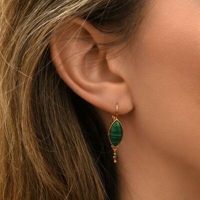 Boucles d'oreilles SATELLITE Noto en plaqué or, grenat et pierre effet malachite