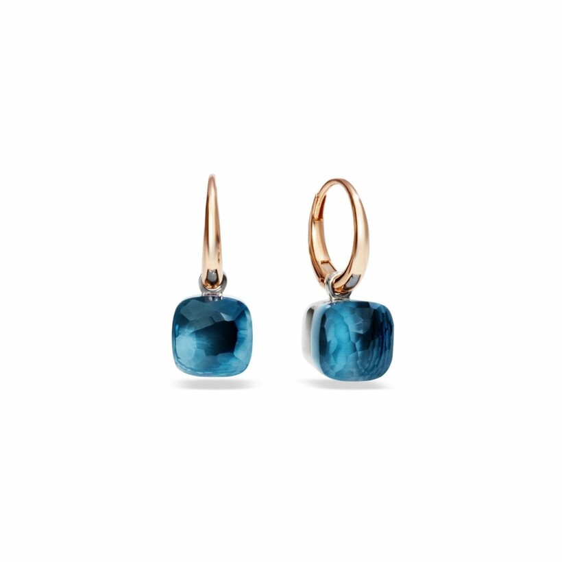 Pomellato Nudo earrings, rose gold, white gold and Blue London topaz