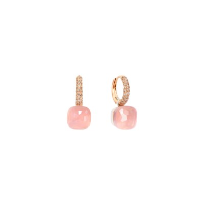 Boucles d'oreilles Pomellato Nudo Quarzo Rosa Classic en or rose, or blanc, diamants marrons, calcédoine et quartz rose