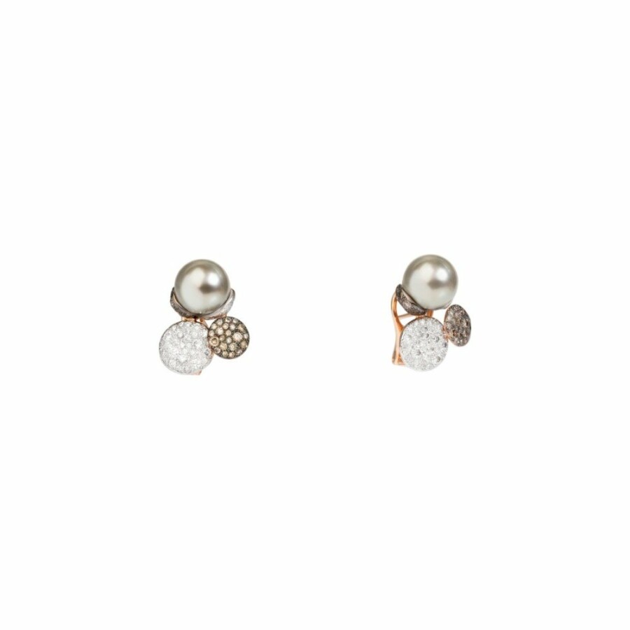 Boucles d'oreilles Pomellato Sabbia en or rose, perles de Tahiti et diamants blancs et bruns
