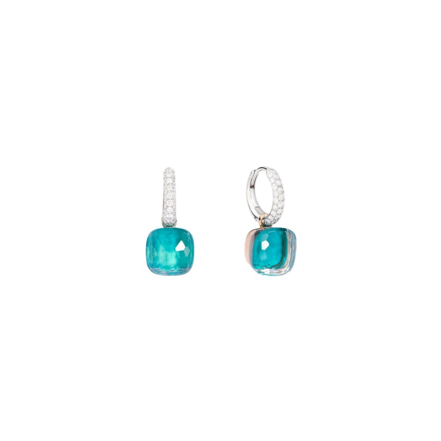 Boucles d\'oreilles Pomellato Nudo en or rose, or blanc, diamants, topazes bleu ciel et agates