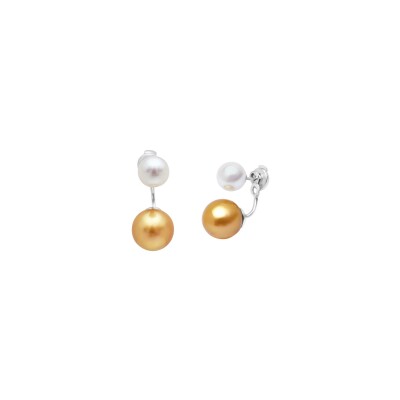 Boucles d'oreilles Galaxy en or blanc, perles d'eau douce blanches et gold
