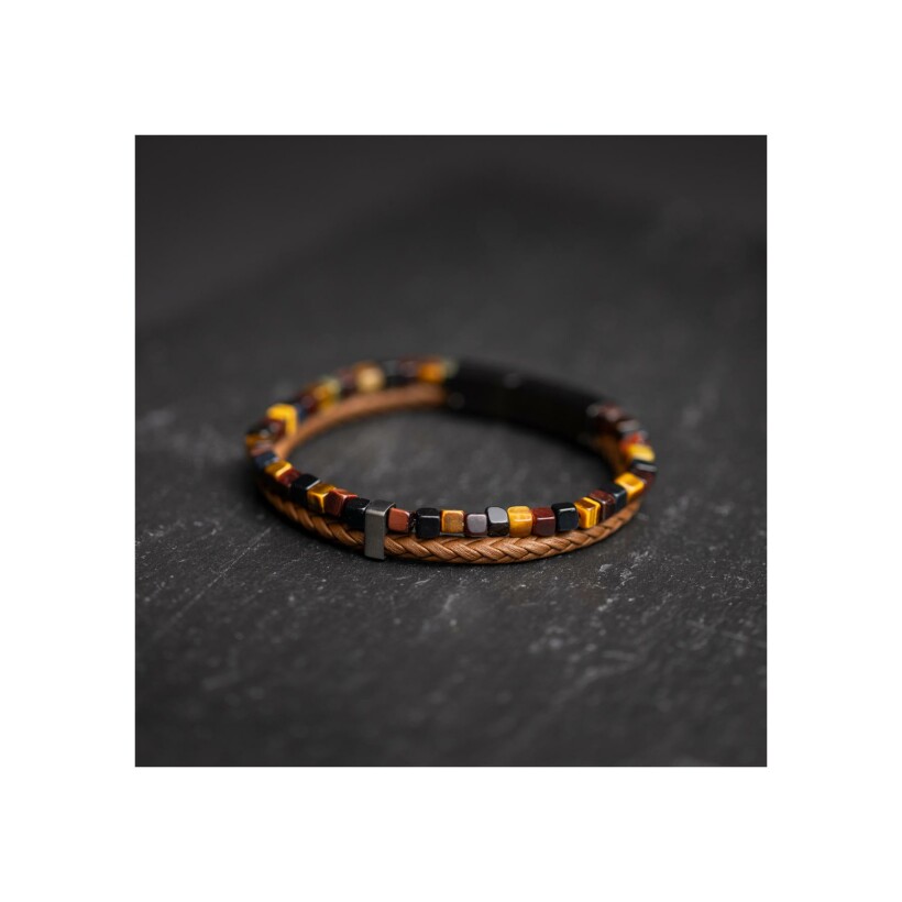 Bracelet Gemini double en cuir marron clair et œil de tigre