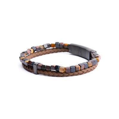 Bracelet Gemini double en cuir marron clair et œil de tigre